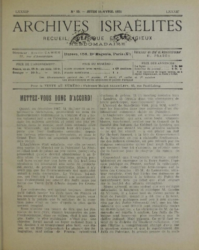 Archives israélites de France. Vol.82 N°15 (14 avr. 1921)